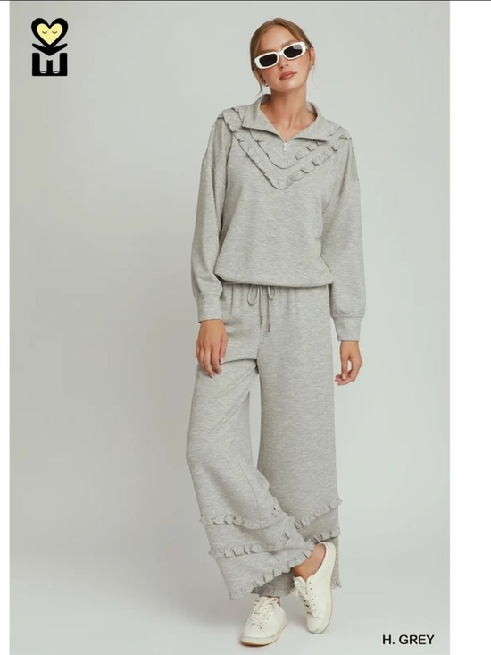 Umgee Pants - H1034-TP HG Umgee MOHMe Ruffle Drawstring Bottom & Quarter Zip Top Various Sizes